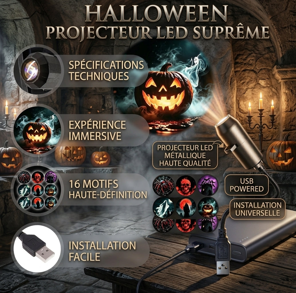 GlowFright Projecteur LED USB Halloween 6 Motifs Interchangeables