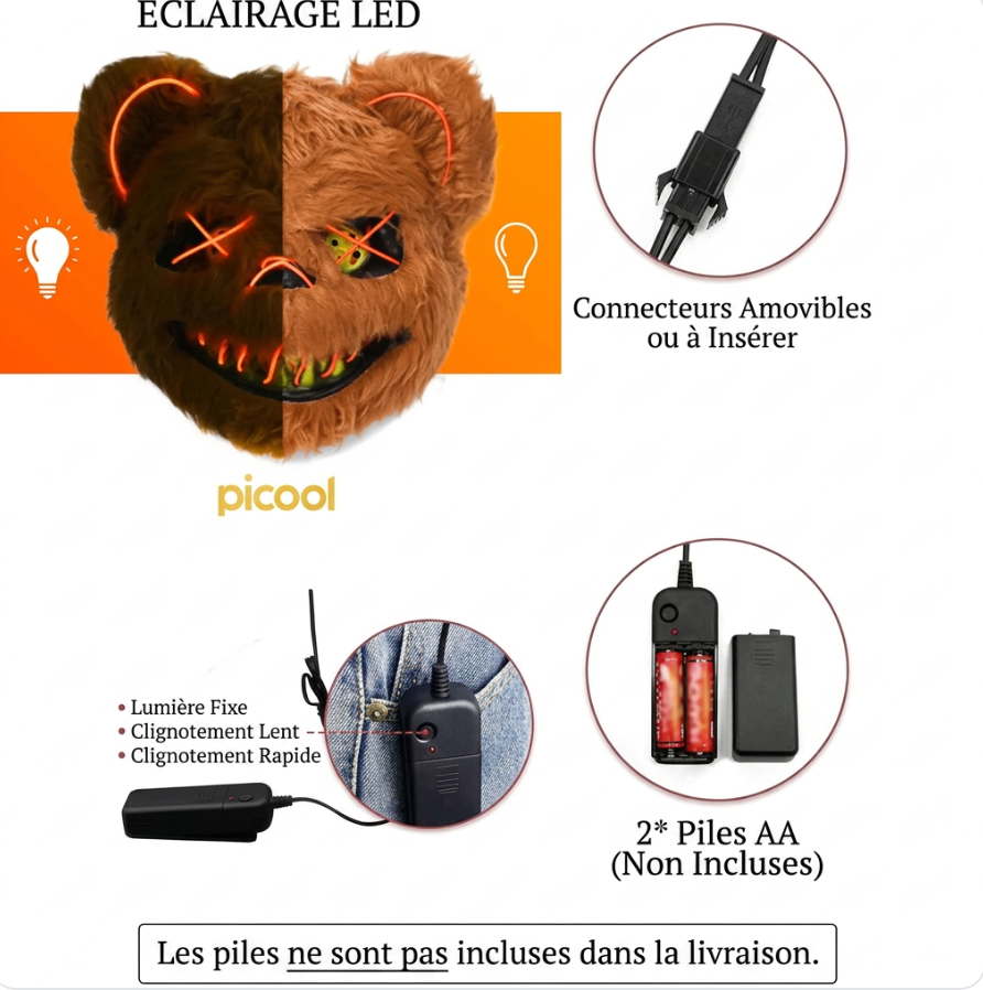 Masque Lapin & Ours à LED Lumineux Halloween – Effet Horreur Cosplay